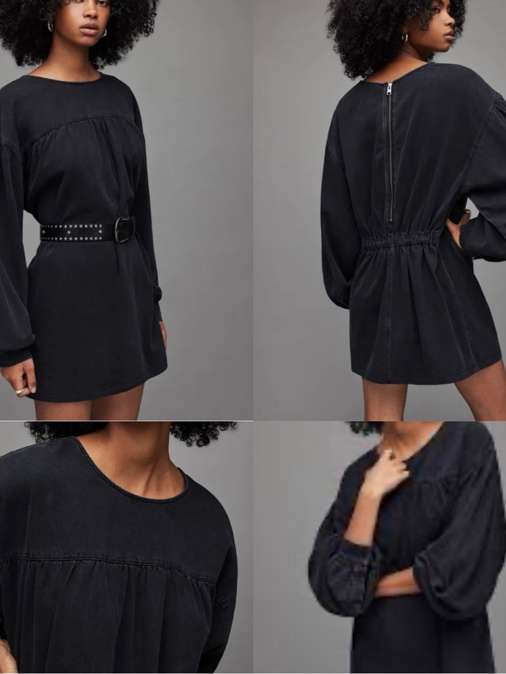 All Saints HARLOW Black Mini Dress Balloon Sleeves denim jean shirt sz 6